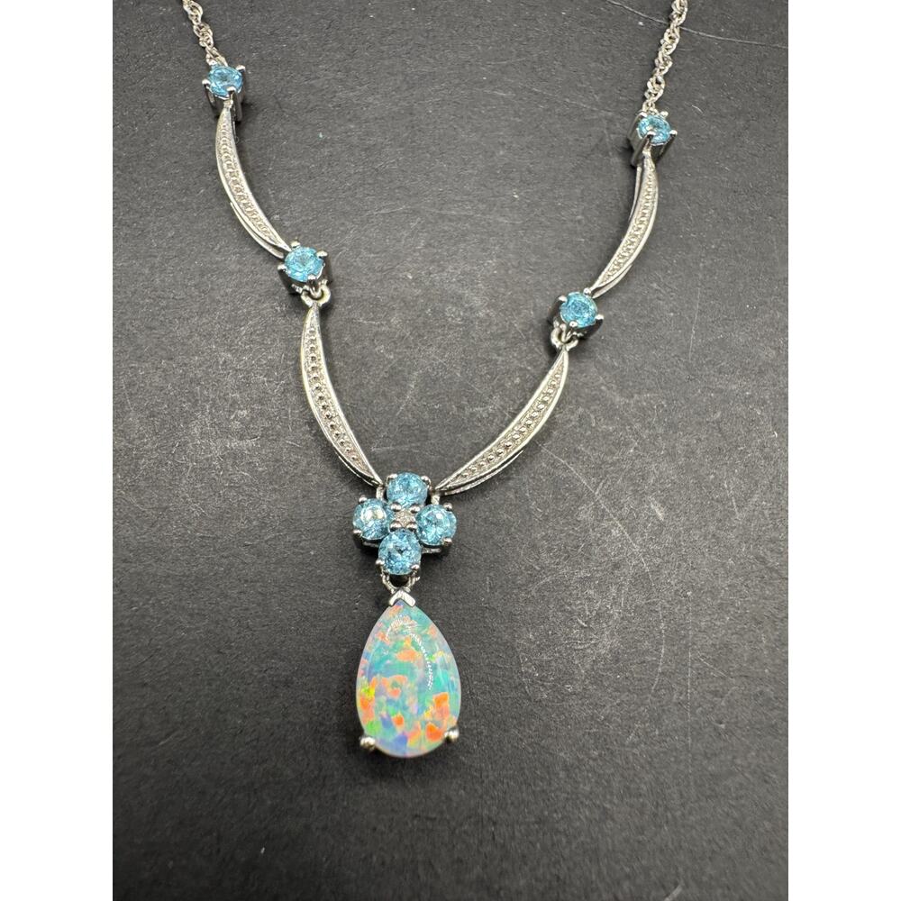 Vintage Alwand Vahan 10k White Gold Opal Diamond Blue Topaz Necklace